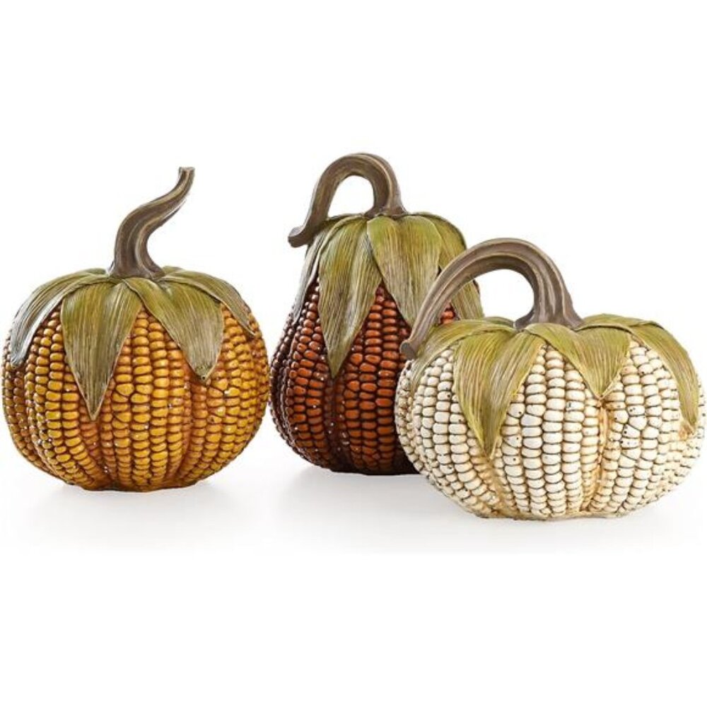Pumpkins Fall Table Decor, Set of 3 Corn Resin Figurines for Autumn Centerpieces